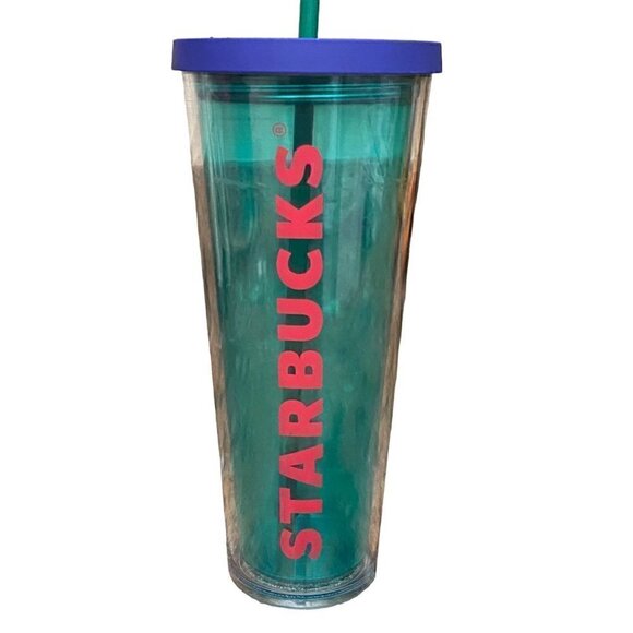 RARE Starbucks Coffee Tumbler Clear Teal w/ Clear Teal Straw Navy Lid 2014 - Picture 1 of 3